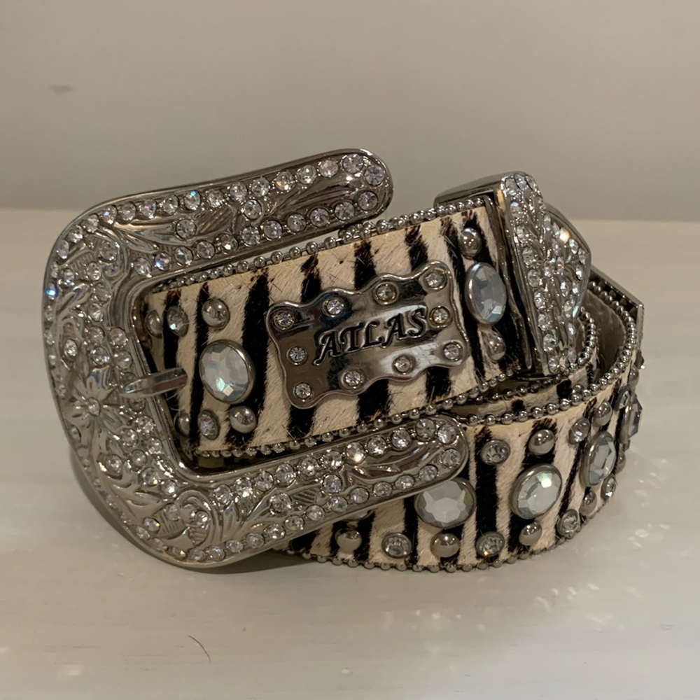 Leather Cowhide Zebra Print Crystal Studded Western Rodeo Belt